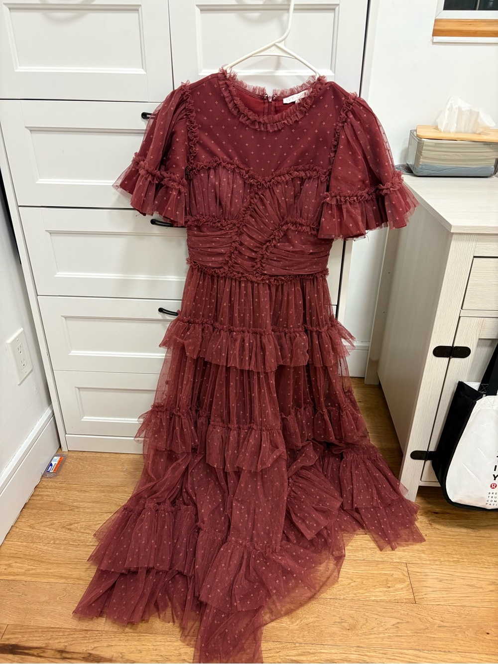 Ivy City Co Burgundy Ruffled Maxi Dress
